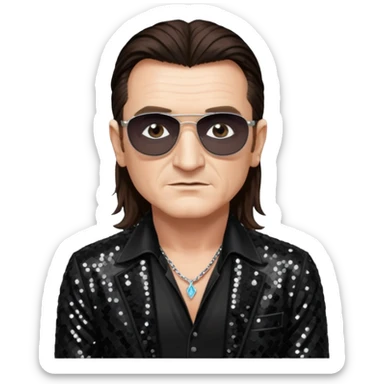 Bono from U2 with long dark brown hair, black sequin outfit  sticker