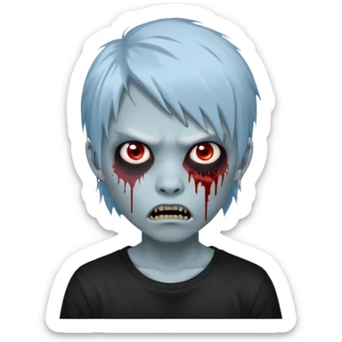  3D emoji-style avatar with very pale blue-grey zombie skin , a young Asian face, and large eyes with blood tears. Give it white litle bit messy mullet hair style , silver hoop earrings, and a plain black T-shirt. The face expression should be slightly angry, with vampire fang sticker