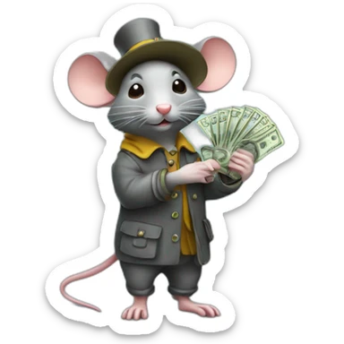 a rat with rain shoes on hist feet and holding money sticker
