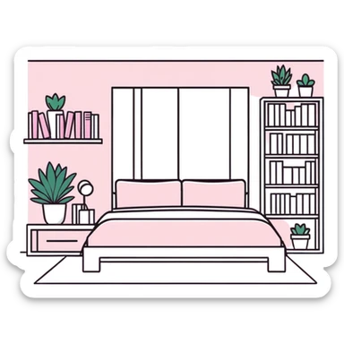 clean girl aesthetic bedroom with white furniture, pastel pink accents, neatly arranged books, potted plants sticker