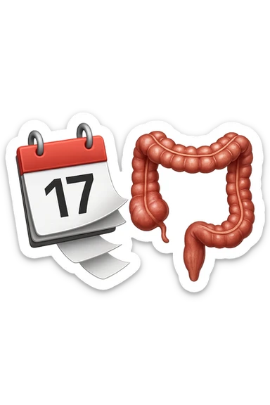 emoji stile iphone di un calendario con fogli che volano insieme a pezzi anatomici di colon umano, iperrealistico 4k, isolato su sfondo bianco sticker