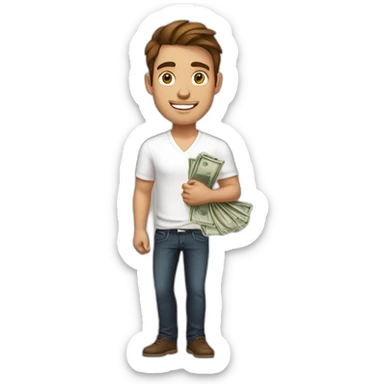 A young fit man with a white shirt with forward Brown hair and beige skin and with money in his hand sticker