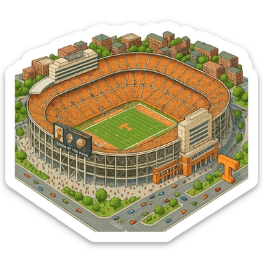 Изометричная, яркая, детализированная и фотореалистичная иллюстрация стадиона Neyland Stadium в стиле 3D-коллажей городов, насыщенные цвета, аккуратные линии, мультяшно-реалистичная стилистика. Чёткие контуры, прозрачный фон, высокое качество. sticker