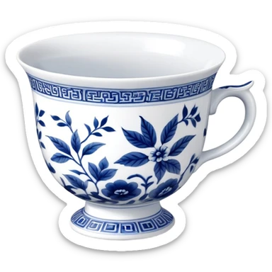 traditional Chinese tea cup with blue and white porcelain design sticker