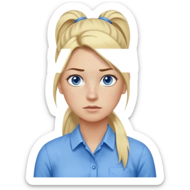 Just a head, blonde hair with lowlights in a ponytail, blue eyes, some freckles, a little older female ready to get some tasks done at work, no bod sticker