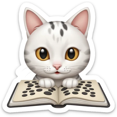 gatita feliz blanca con manchas negras atigradas viendo una libreta anillada  sticker