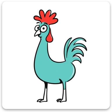 A silly cross-eyed rooster chicken with bright blue-green feathers, red comb, long neck, skinny legs, and confused expression sticker