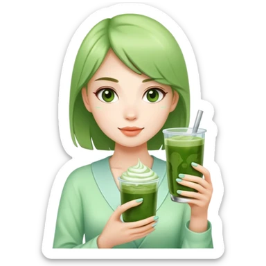 Beautiful girl holding glass cup of iced matcha  sticker