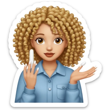 A light skin curly haired girl  w white nails sticker