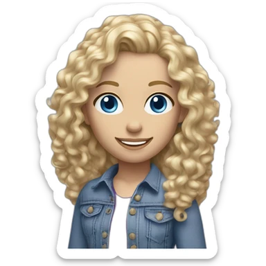 realistic caucasian long curly blonde blue eyed woman purple top blue jeans white sneakers sticker