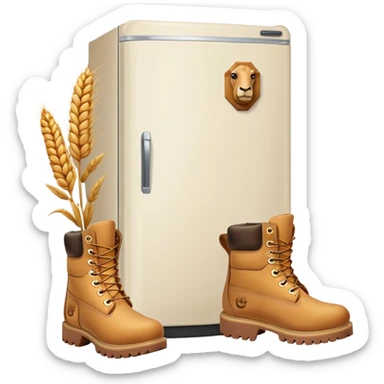 A white refrigerator with a camel head on top, and four Timberland-style wheat colored work boots attached to the bottom corners sticker
