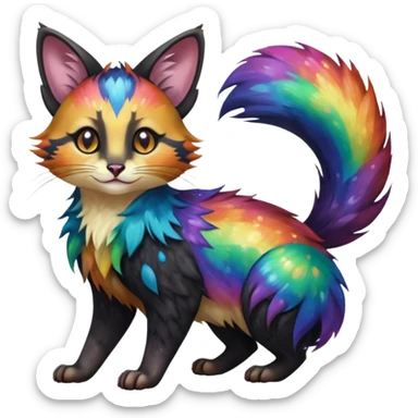 Hyper realistic  tar-black fur drenched in rainbow oil slick like spilled cosmos beautiful elegant pretty precious cute  Fakémon-Pokémon-opossum-feline-serval-caracal-chinchilla-Furret-Minccino-hybrid-creature with a big fluffy bushy tail (full body) sticker