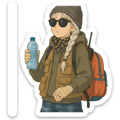 1 female, long white braid, knit cap, dark sunglasses, shemegh neckwrap, fishing vest, vibrant shool backpack, drab hoodie, handwraps, blue camo pants, handheld radio clipped to shoulderstrap of backpack, unkempt, holding a bottle of water sticker