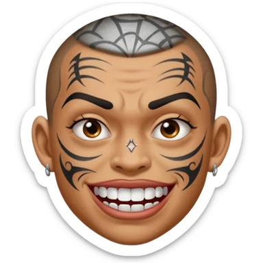 grimacing face showing off a sparkling grill and multiple face tattoos, urban gangster style sticker