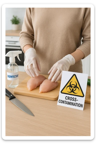 a person in a modern kitchen handles raw chicken breasts on a cutting board, wearing disposable gloves. Nearby, a bottle of disinfectant spray, a separate knife for vegetables, and a warning sign about cross-contamination are clearly visible. The mood is educational, emphasizing safe food handling. sticker