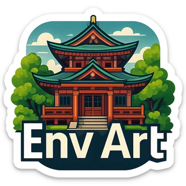 The words 'Env Art' in a bold, modern font, with a detailed Shinto shrine behind the text, harmonious composition, vibrant colors, suitable for a logo or icon. sticker
