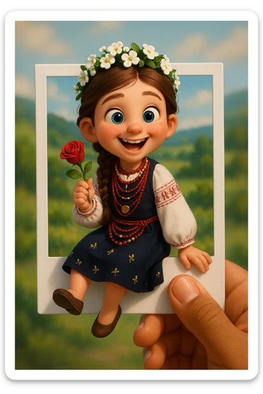 Based on the provided image, create a cute, stylised 3D character sitting playfully on the edge of a white Polaroid-style frame with one leg hanging off the edge. The character is holding a red rose and is wearing the same clothes as in the reference image.
The background is a soft, blurred landscape with a Ukrainian scenery.
The frame is held by a human hand with warm (light brown) skin tone.
The character has a happy, expressive face and Pixar-style lighting. The composition is centred, with realistic soft shadows and bright natural lighting.
Aspect ratio: 2:3. sticker
