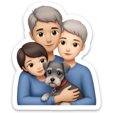a shorthair girl with her husband hugging a Schnauzer sticker
