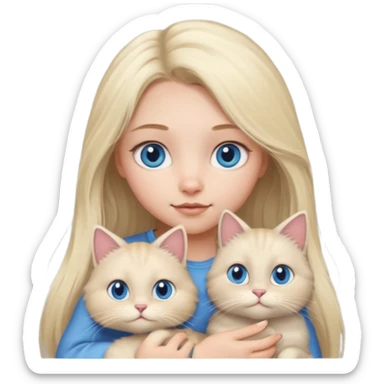 blonde girl with long blonde hair and blue eyes with chubby gray cat sticker