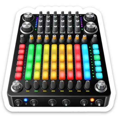 The long DJ mixer features faders, EQ knobs and multi-colored LEDs. sticker