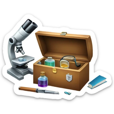 toolbox for scientist with a book, glasses, microscope sticker
