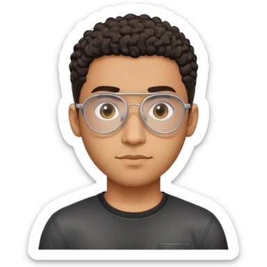 Young brown-skinned Latino man with oval face and large forehead, metal-framed aviator glasses with clear lenses, high skin fade haircut with very short dark curls only on top, calm friendly expression, black t-shirt sticker