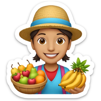 3D emoji illustration of a Peruvian street vendor, selling fruits and snacks on the sidewalk, smiling, urban neighborhood in background, bright colors, cartoon style, bold outlines, glossy sticker, transparent background sticker