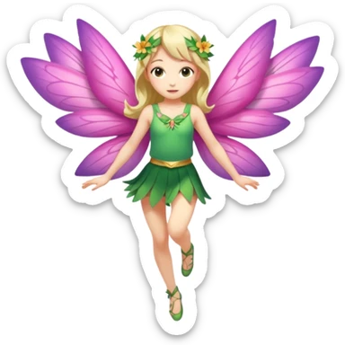 A winged flower fairy girl, wearing a short skirt, one leg straight and the other bent, her body tilted, in a flying pose. sticker