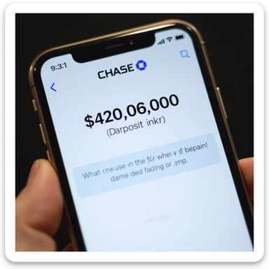 a iphone screenshot showing a chase bank balance of -$420,069,000, "deposit error" sticker