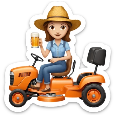 White woman with brown hair, without glasses wearing a straw hat, on old orange ride on lawn mower, holding a beer with one hand and holding the steering wheel with the other hand. Woman is smiling. Lawn mower brand is called “Westwood” sticker