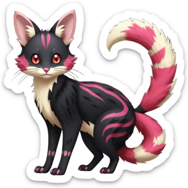 Hyper realistic  void-black fur haunted by crimson neon pulse-lines like living circuitry beautiful elegant pretty precious cute  Fakémon-Pokémon-opossum-feline-serval-caracal-chinchilla-Furret-Minccino-hybrid-creature with a big fluffy bushy tail (full body) sticker