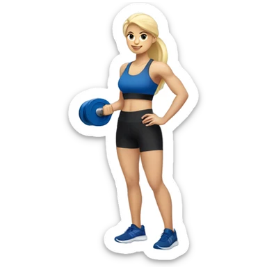 blonde woman working out with a black tank top and a blue shorts holding a dumbbell sticker