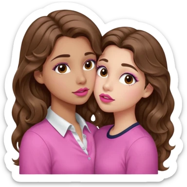 girl with long wavy brown hair, brown eyes, light to medium complexion, in a pink shirt, pink lips, long lashes, puckering up for a kiss sticker