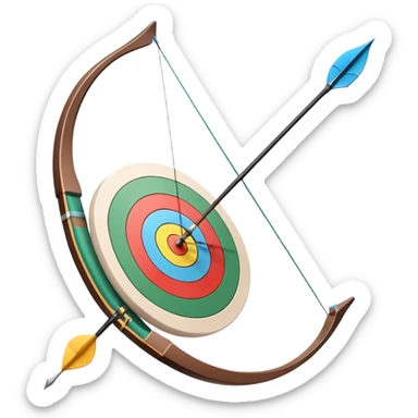 A professional recurve bow with an arrow nocked, ready to be released. The target features concentric rings, placed at a distance. The emphasis is on the bow, arrow, and target, highlighting the precision, focus, and skill involved in competitive archery. sticker