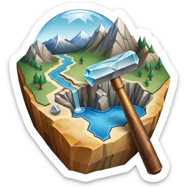 An icon featuring a rock hammer, a fossil, and a geological map, symbolizing geology. The design includes layers of the Earth, a crystal, and a mountain range, representing the study of Earth's structure, materials, and natural processes. Transparent background highlights geological research sticker