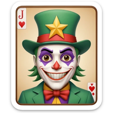 1 poker card, perfectly squared card, with crazy colorful human jolly joker inside, star symbol with a "J" sticker
