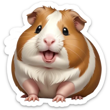 Cinematic Cute Yawning Brown and White Banded Guinea Pig Portrait Emoji, Head tilted slightly with a dramatic, wide-open yawn, revealing a soft, banded coat of brown and white with tiny, droopy ears, round dark eyes barely open in drowsy contentment, Simplified yet irresistibly adorable features, highly detailed, glowing with a soft, cozy glow, high shine, relaxed yet expressive, stylized with a touch of whimsy, bright and endearing, soft glowing outline, capturing the essence of a sleepy yet affectionate guinea pig, so drowsy it feels like it could stretch out of the screen and curl up for a nap! sticker