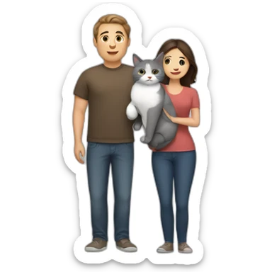 white brun man and brunette woman with a fat gray cat in their arms sticker