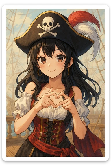 a girl pirate with black hair doing a Korean heart sign with her hands, detailed anime style sticker