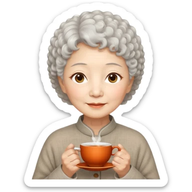 Chinese woman 70 years old, warm serene expression, short white curly hair, brown eyes, simple linen clothes, tea scent aura sticker