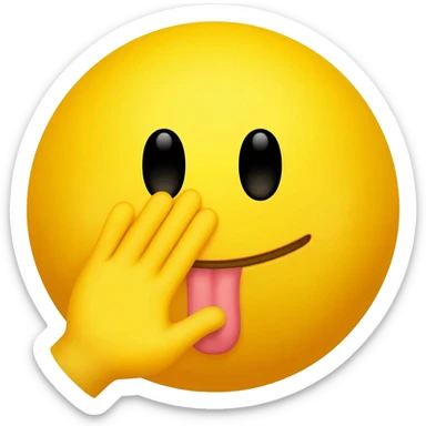 Make a emoji the is like a classic iPhone emoji so it is yellow and make it so the emoji is telling a secret so the hand is right next to the mouth but make the tongue stick out and make the head a circle with no body and the hand is open turned to the side sticker