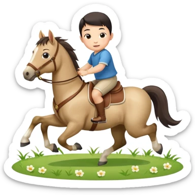 l little chinese baby boy riding on a  cute horse running on the grass with 2026 year label sticker