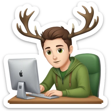 White Guy works at computer with deers antlers, green clothes, brown eyes  sticker