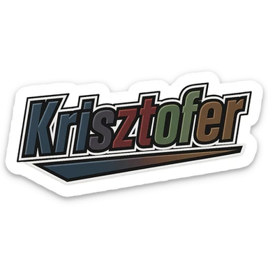 Text design of the name 'Krisztofer' in a masculine, modern gradient font with precise Hungarian characters, dark contour, extra thick, prominent white border as in the uploaded sample, dynamic slanted underline, masculine color shades including blue, gray, burgundy, green, and brown, 1000x1000 px, PNG, transparent background. sticker