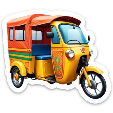 Cinematic Realistic image of a colorful auto rickshaw, rendered with detailed textures and lively, bold hues, set on a bustling urban street with dynamic, vibrant lighting that emphasizes its iconic role sticker