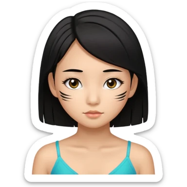 a tan chinese-american 15 year old girl with straight black hair down to her chest. mascara sticker
