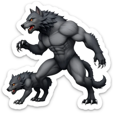cinematic-noble-fierce-werewolf-full body on all fours-emoji, poised-and-imposing, with a tall, lean, and muscular wolfish frame inspired by the brutal, imposing shape of the beast from Berserk, fur rippling in shades of midnight black and silver, massive paws with razor-sharp claws, elongated limbs and fangs, eyes glowing with an intense, primal ferocity, reflecting the untamed power of the wild moonlit night; rendered with realism like a wolf sticker