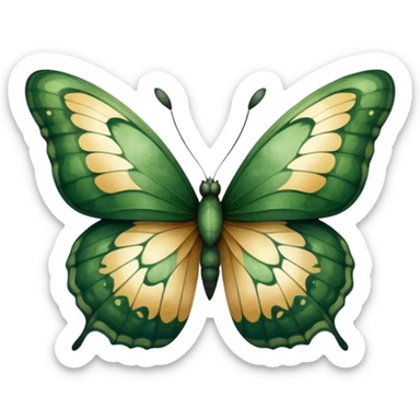 A bold, dark green butterfly with textured watercolor wings resembling leaves, blending natural elements with organic patterns. The wings have tiny golden flecks, adding a touch of elegance to the soft, earthy-toned background.
 sticker