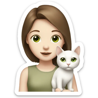 A girl with brown hair, pale skin holding a white cat with green eyes  sticker