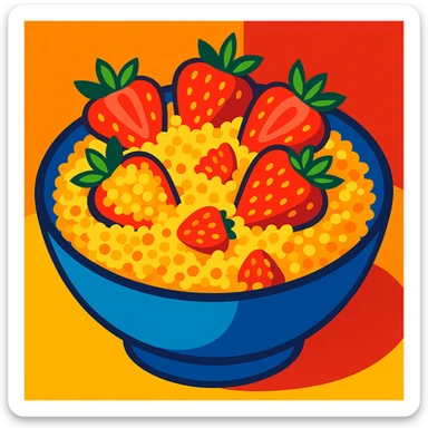 a bowl of couscous with strawberries, vibrant, appetizing, clear details, food illustration sticker